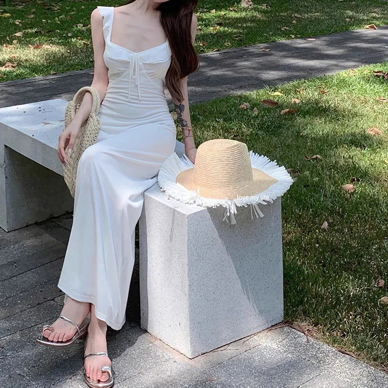Lady Daily Holiday Leisure Satin Dress Female Gentle Aesthetic Long Bridal Dress Summer Women Party Backless Bandage Dresses