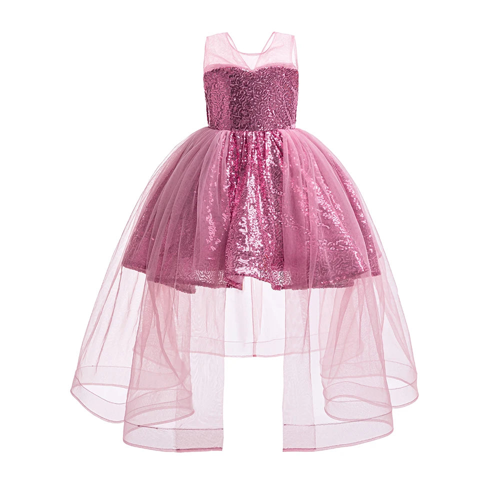 HETISO Fashion Girls Sequin Princess Dress Tulle Sleeveless Banquet High end Lace Evening Ball Gown for Kids Child 2-6 Years