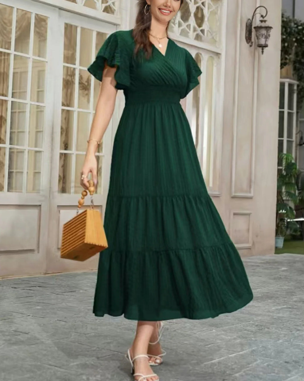 Elegant Women's Summer Casual Solid Color Long Dress Fashion Holiday Sexy V Neck Pleated Short Sleeve Maxi Dresses Vestido