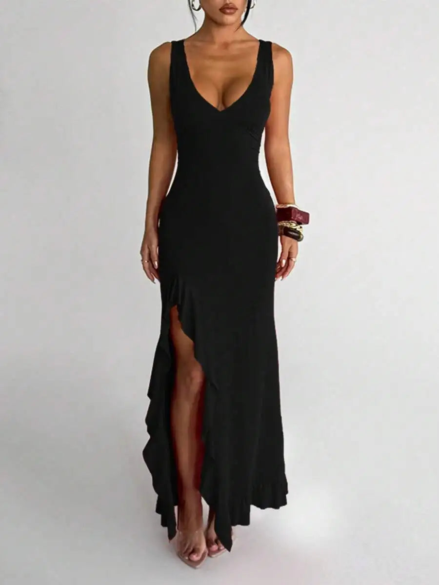 Women's V-Neck Ruffle Hem Slit Solid Color Dress, Suitable For Dates, Gatherings, Parties, Travel, Vacation,Beach