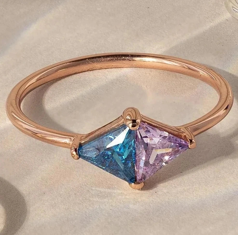 Minimalist Two Tone Geometric Ring for Women Dainty Triangle Gemstone Gold Plated Stainless Steel Ring Colorful Trendy Jewelry