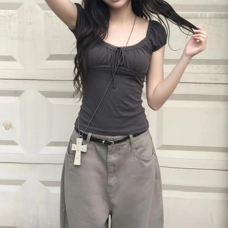 2000s Aesthetic Sweet Lace Short Top Women Lace Up T-shirt Short Sleeve Korean Fashion Female Tee Fairy Grunge Streetwear