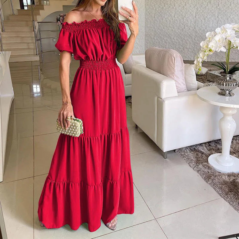 Summer Sexy Off Shoulder Slash Neck Ruffle Beach Party Dress Elegant Women Fashion Red Lace-up Pleated Holiday Long Dresses Robe