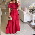 Summer Sexy Off Shoulder Slash Neck Ruffle Beach Party Dress Elegant Women Fashion Red Lace-up Pleated Holiday Long Dresses Robe