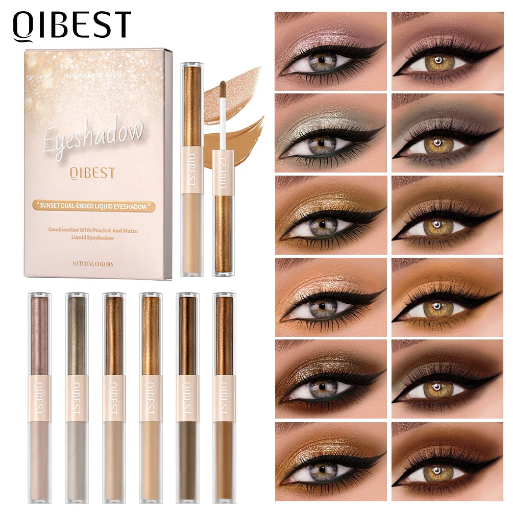 QIBEST Double Head Glitter Matte Eye shadow Stick Makeup Sets Long Lasting Shimmer 2 In 1 Liquid Eyeshadow Cosmetic Sets 6 Color