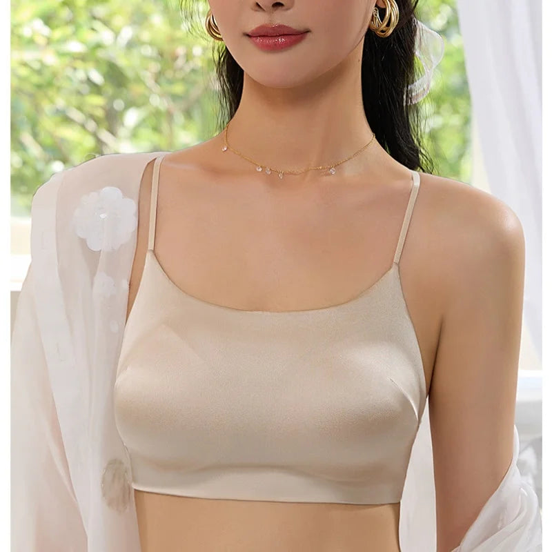 Birdtree 19MM 93% Silk 7% Spandex Solid Bra,Women Satin 3/4 Cup U-shaped Back Soft Breathable Sling Underwear A59124JF
