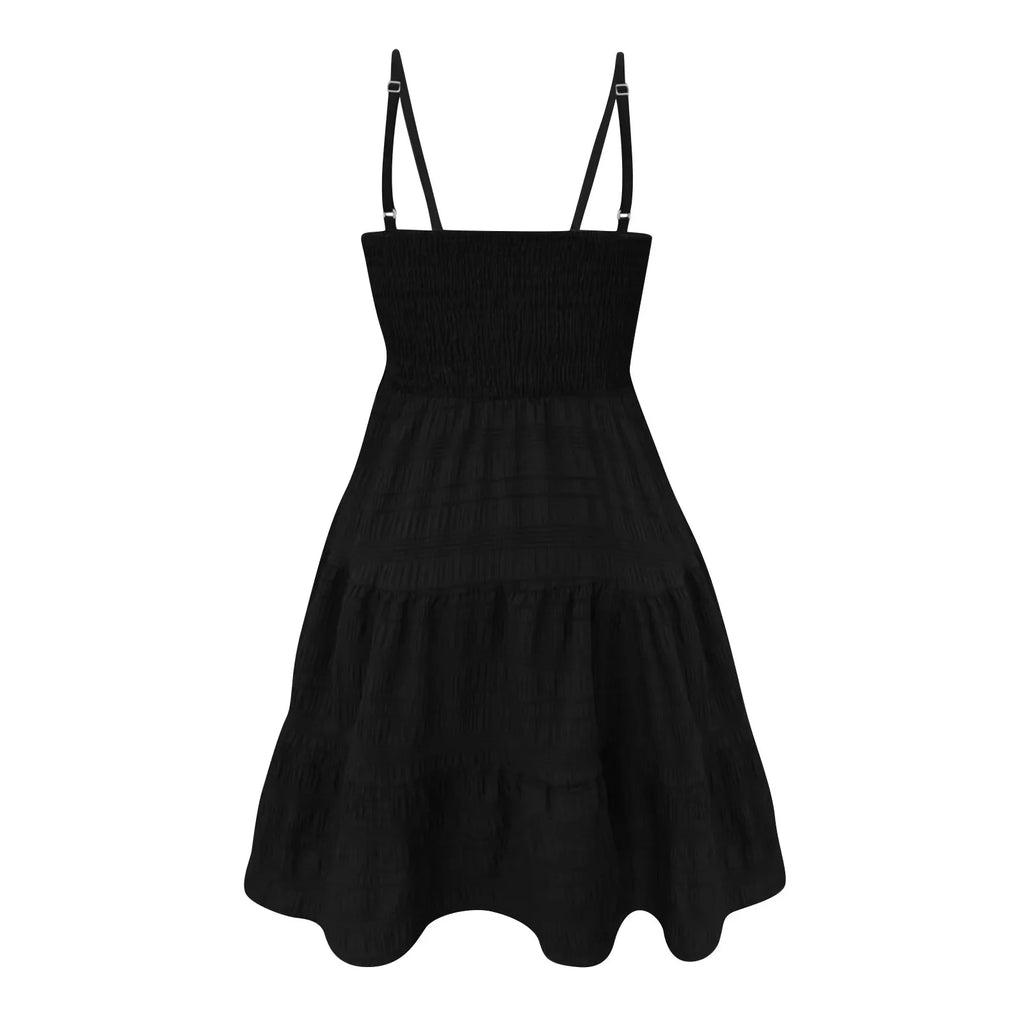 Bohemian Beach Sundress Women Sexy Sleeveless Backless Big Swing Mini Dress Solid Spaghetti Strap Ruffles Dress Summer Vestidos
