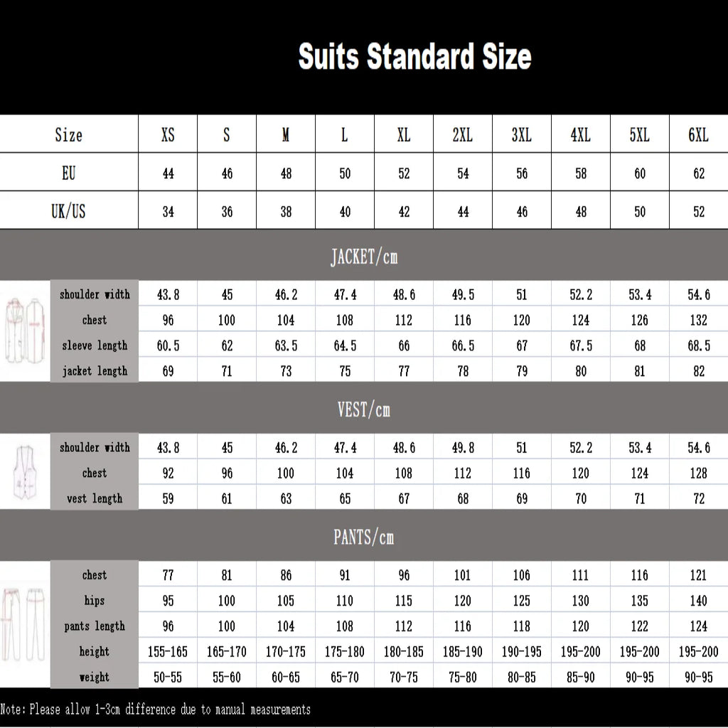 ULBYANRY Mens 3-Piece Suit Set (Jacket Vest Pants) Formal Business Tuxedo XXS-7XL Tailored Party Prom Wedding Suits