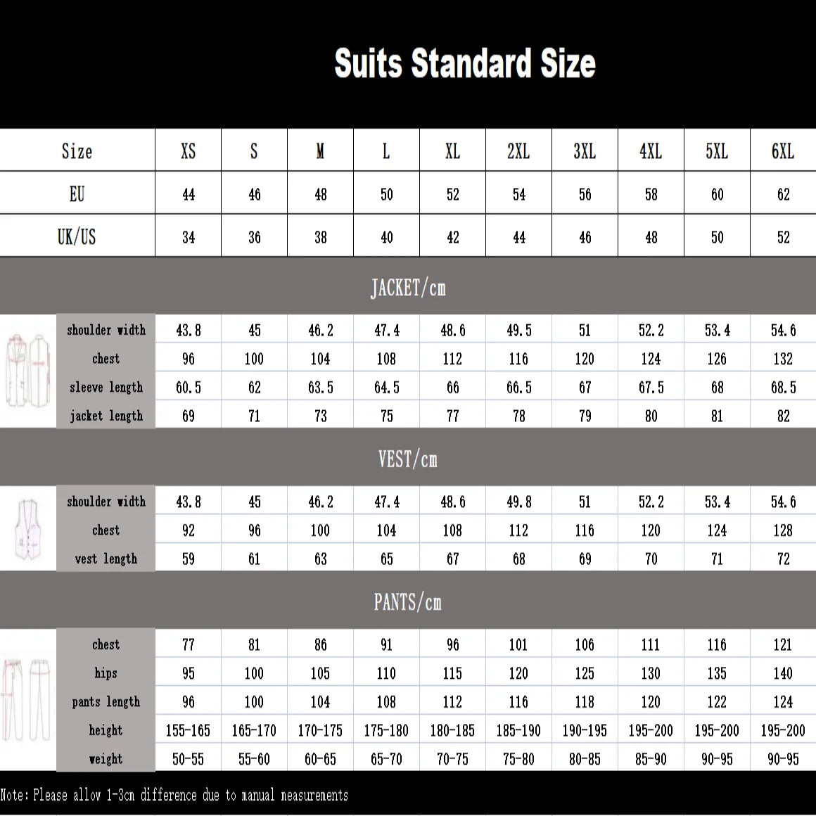 ULBYANRY Mens 3-Piece Suit Set (Jacket Vest Pants) Formal Business Tuxedo XXS-7XL Tailored Party Prom Wedding Suits