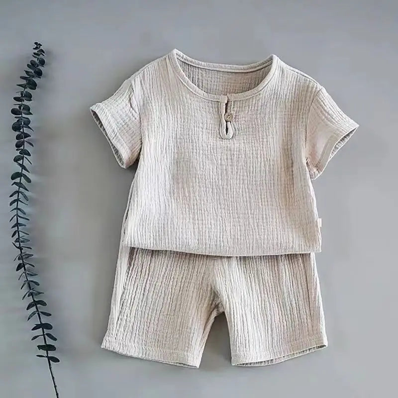 Summer Kids' Sets and Outfits Boys Girls Cotton Linen Muslin Suit for Children T-shirt Tops + Shorts Baby Loungewear Clothing