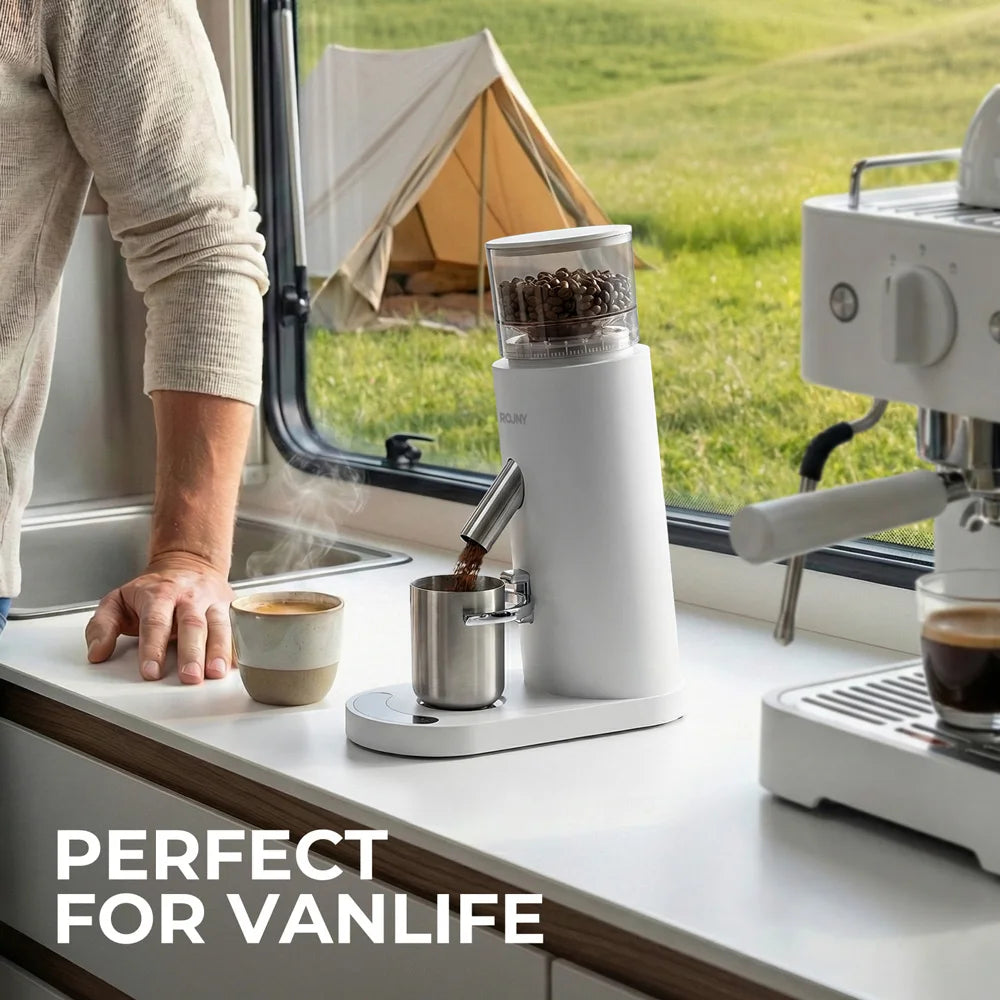 ROUNY Cordless Coffee Grinder, Rechargeable Electric Burr Grinder with Adjustable Grind, 80g Bean Hopper and 60g Dosing Cup