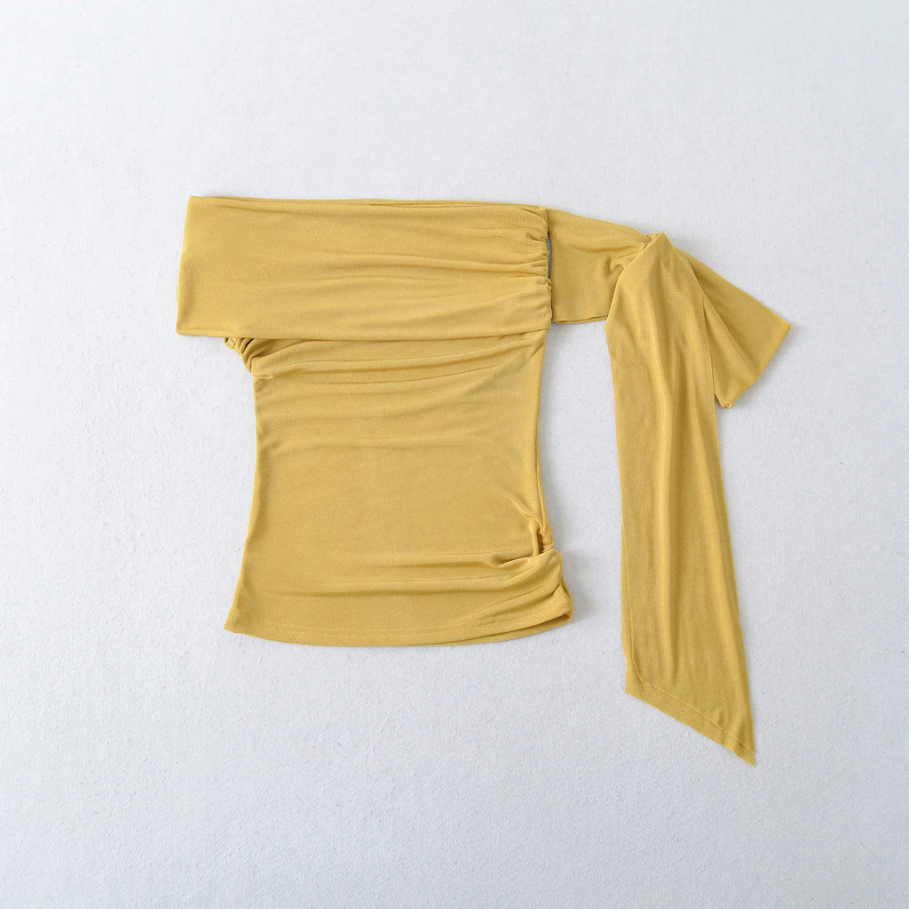 Sexy Pure Desire Short Sleeve T-Shirt Women's Spicy Girl Sash One Shoulder Tube Top Short Length Slim Fit Casual Noble