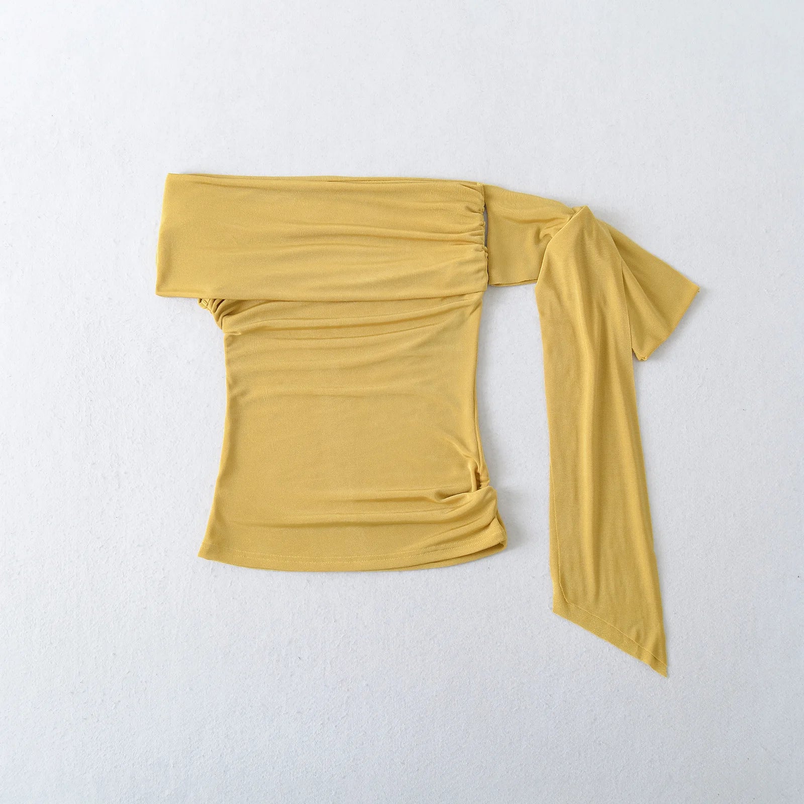 Sexy Pure Desire Short Sleeve T-Shirt Women's Spicy Girl Sash One Shoulder Tube Top Short Length Slim Fit Casual Noble
