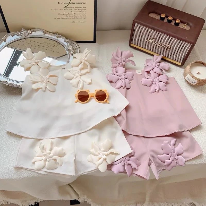 2026 Baby Girls Shorts Clothing Set Flower Vest Blouse and Bottom Summer Outfit Causal Wear Kids Boutique Clothes 0-6Y