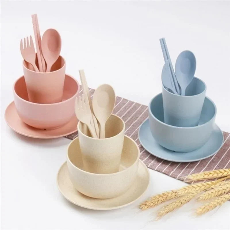 6 Pcs/Set Wheat Straw Baby Tableware Children Food Dishes Bowl Feeding Infant Learning Dinnerware Spoon Chopsticks Fork Cup New