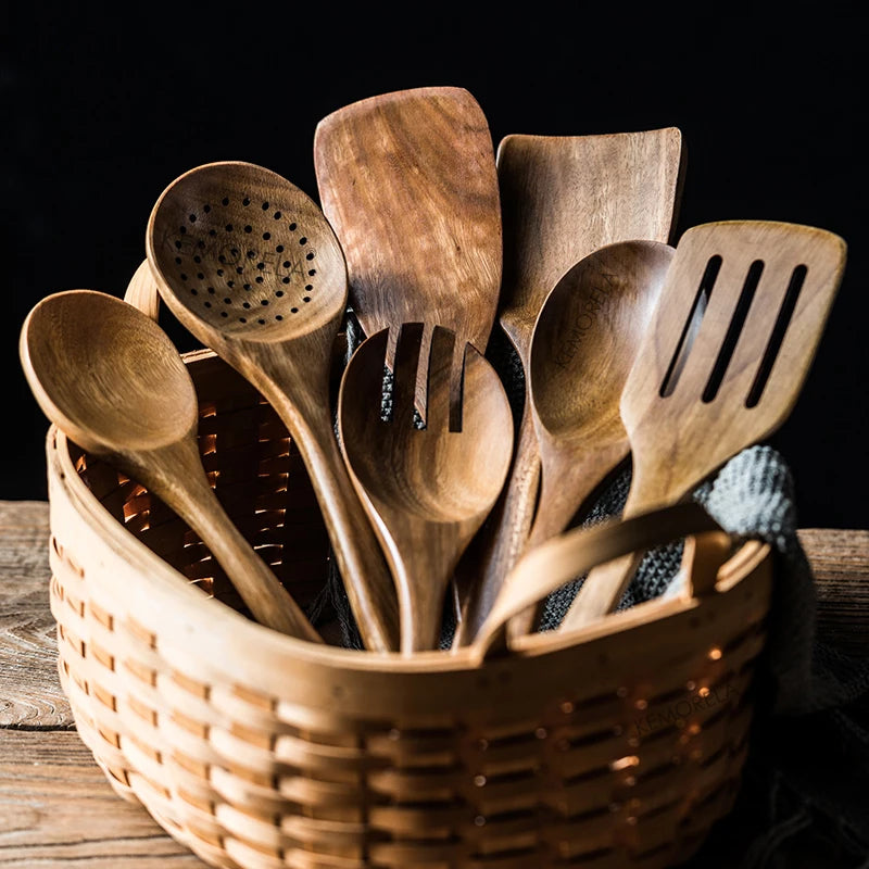 Cucharas de madera para cocinar de 9 piezas, utensilios de madera para cocinar con soporte para utensilios, juego de utensilios de cocina de madera de teca