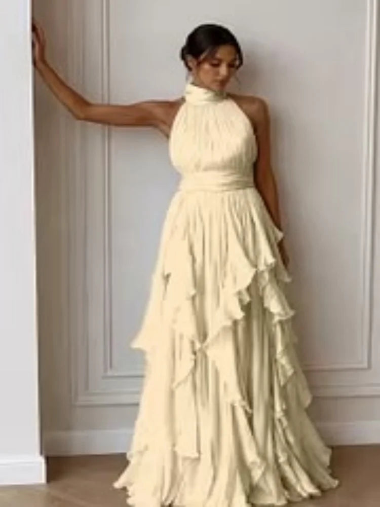 Women Mock Neck Sleeveless Tiered Ruffle Maxi Dress Draped Flowy Long Gown Formal Wedding Guest Evening Party Dresses