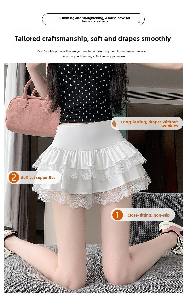 Pure Desire Lace A-Line Mini Skirt High Waist Puffy Sweet Style Short Cake Skirt Cotton Blend Fabric Summer Women's Dress
