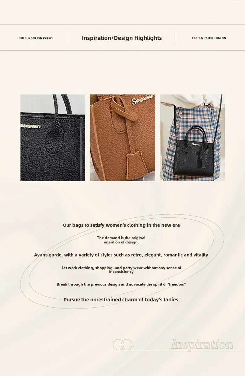 Single-shoulder Crossbody Handheld Triple-use Satchel Portable Leisure Bag Solid Color Lychee Grain Ladies Handbags ﻿