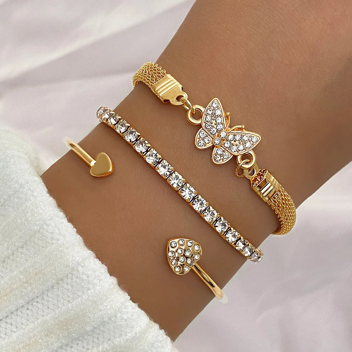 Vintage Infinity Heart Crystal Rhinestone Bracelet Set For Women'S Female Gold Color Metal Adjustable Bracelets Fashion Jewelry