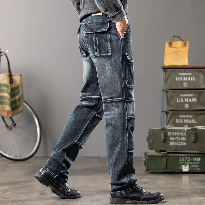 Autumn And Winter New Styles Men'S Outdoor Wide Leg Workwear Multi-Pocket Jeans Straight Fit Plus Size Men'S Jeans 42 44