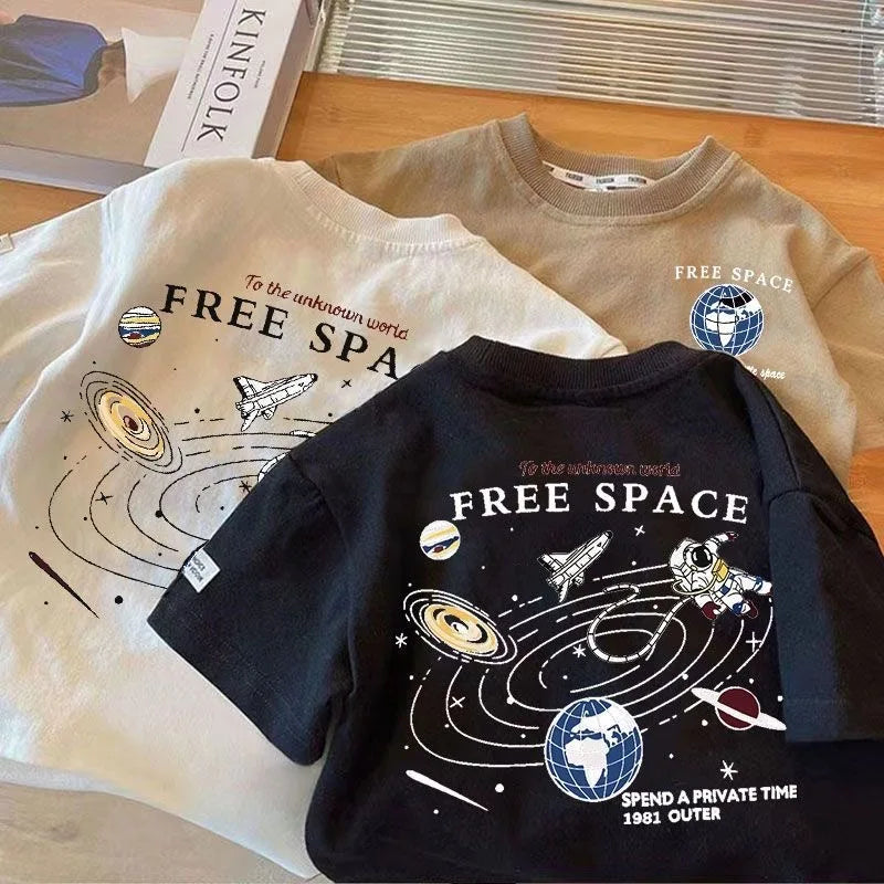 Kids Space Pattern T-Shirt Short Sleeve Crewneck Cotton Blend