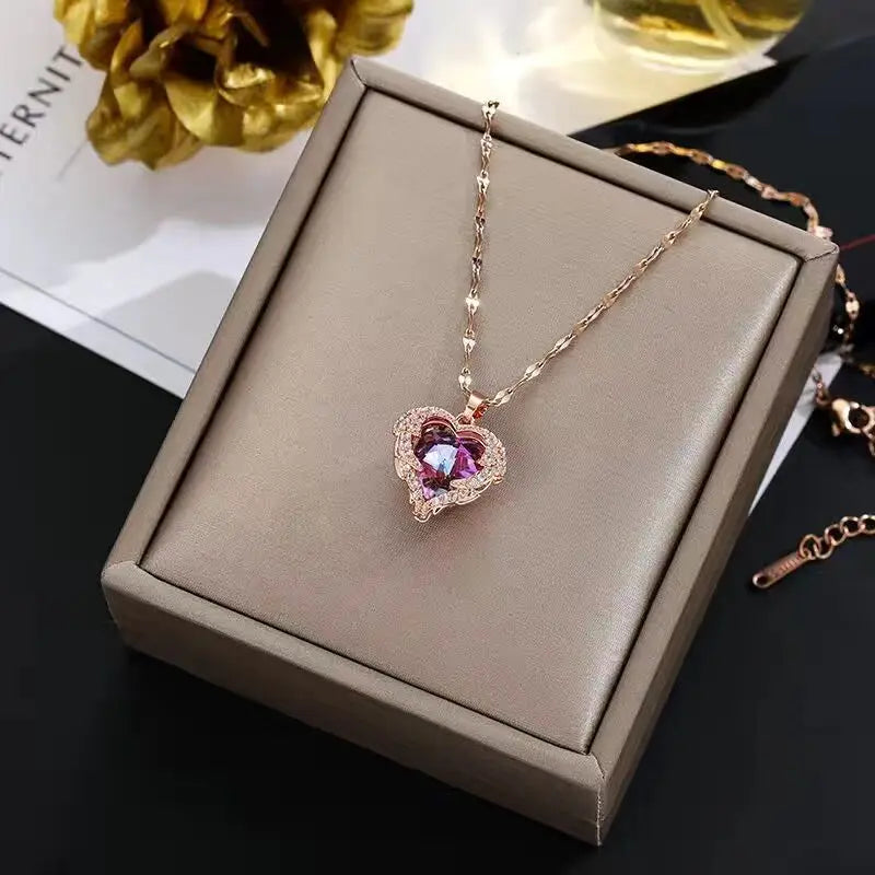 Top Luxury Colorful Crystal Ocean Heart Pendant Necklace For Women'S Trendy 316L Stainless Steel Jewelry Female Wedding Neck Chain