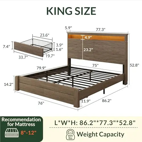 King Size Wooden Platform Bed Frame with Headboard,Brown | 2 Storage Drawers, LED Lights & Charging Station, Easy