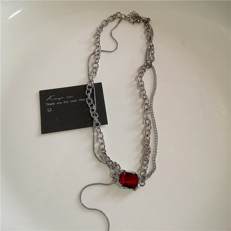 Punk Gothic Red Glass Cross Heart Pendant Pearl Necklace For Women'S Men Hip Hop Y2K 90S Short Choker Charms Jewelry Accessories