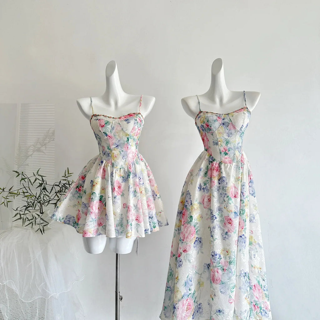 Sweet Pure Desire Style Women's Floral Print Halter Dress Slimming Waist Design Casual Summer Polyester Fiber Gown