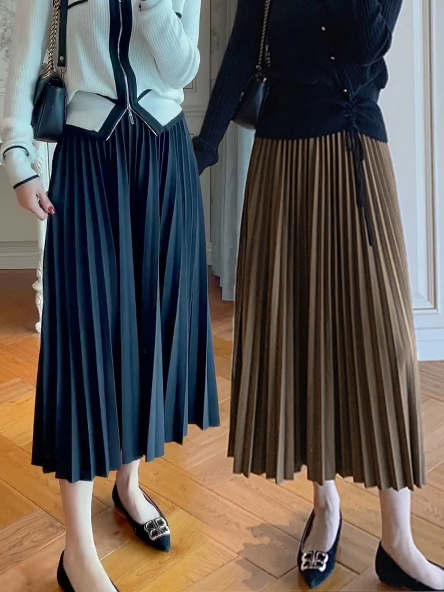 2026 Elegant High Waist Pleated Skirt for Women Mid-long Midi Skirt Female High Quality Black Saia