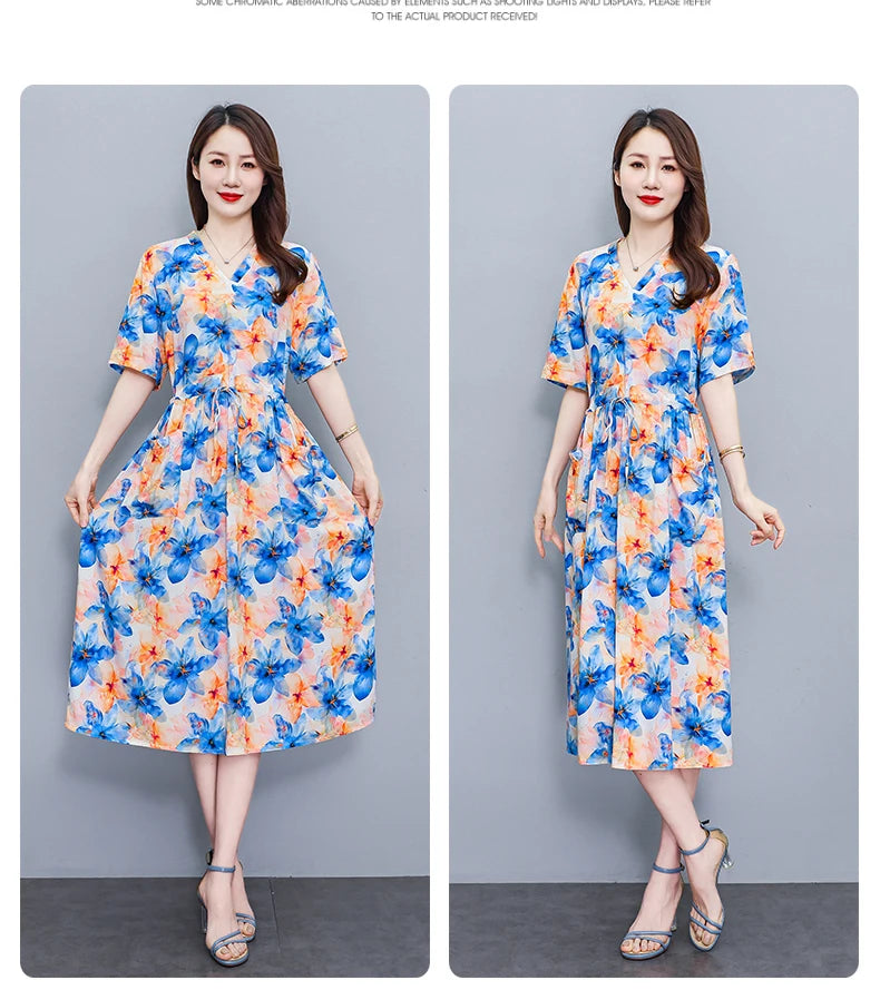 New Fashion 2025 Summer dresses For Women V-Neck Plus Size Woman Cothing Loose Short Sleeve Women Print Dresses