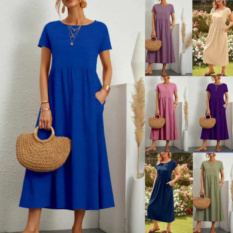 Premium Elegant Solid Cotton Linen Dress Summer Midi with Pockets Loose Fit Casual Crew Neck Short Sleeve for Beach Travel