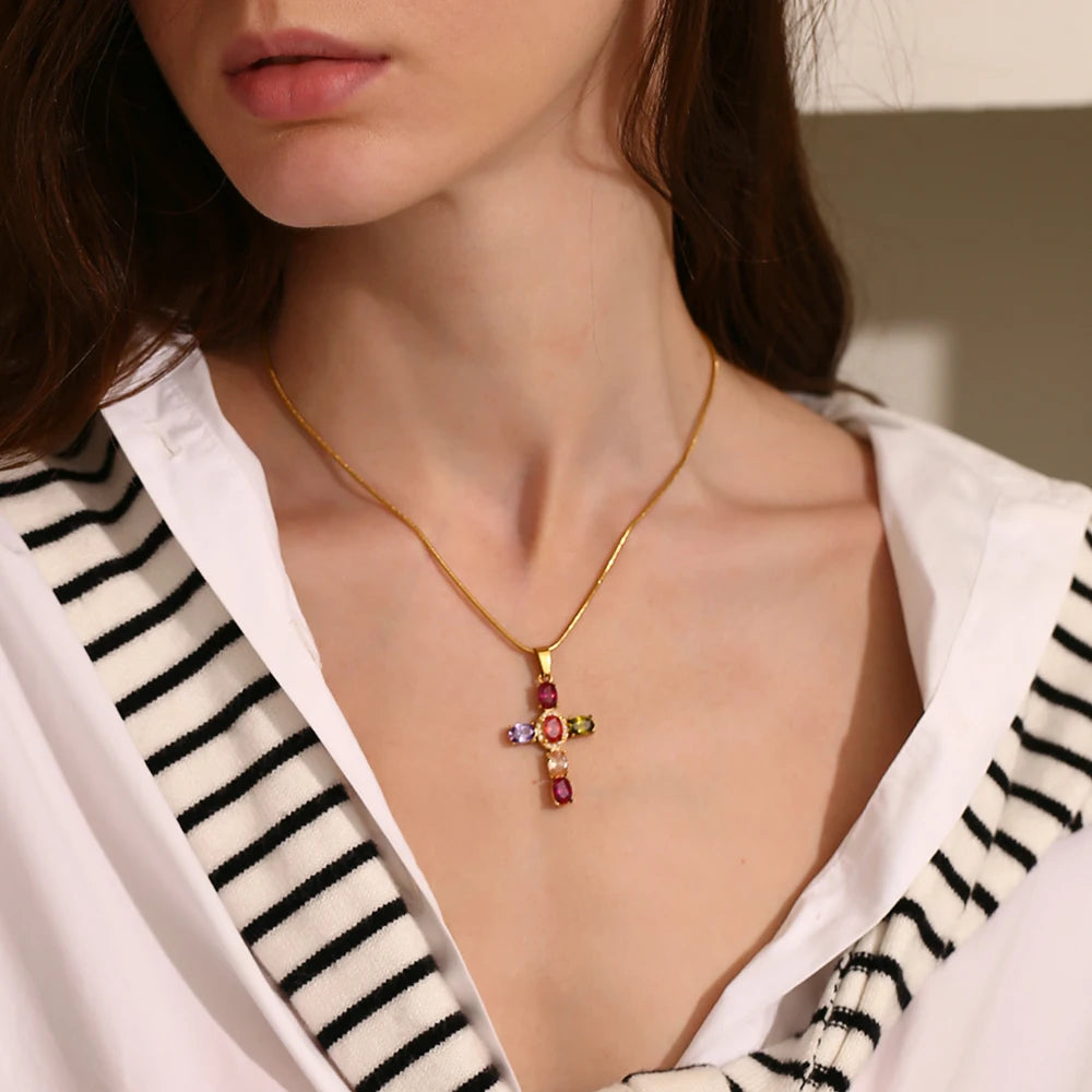 E.B.belle Colorful Rhinestone Cross Pendant Necklace Snake Chain Waterproof Stainless Steel Fashion Jewelry For Women Girls