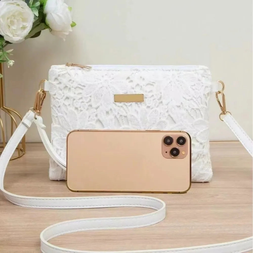 Casual Lace Shoulder Bag Floral Printed Hollow Crossbody Bag Soft Small Square Bag Tote Purse Handbag