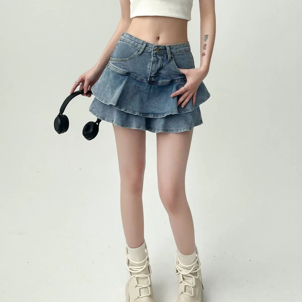 Summer Women High Waist Denim Cake Skirt A-Line Bodycon Mini Skort Casual E-Girl Street Skirt