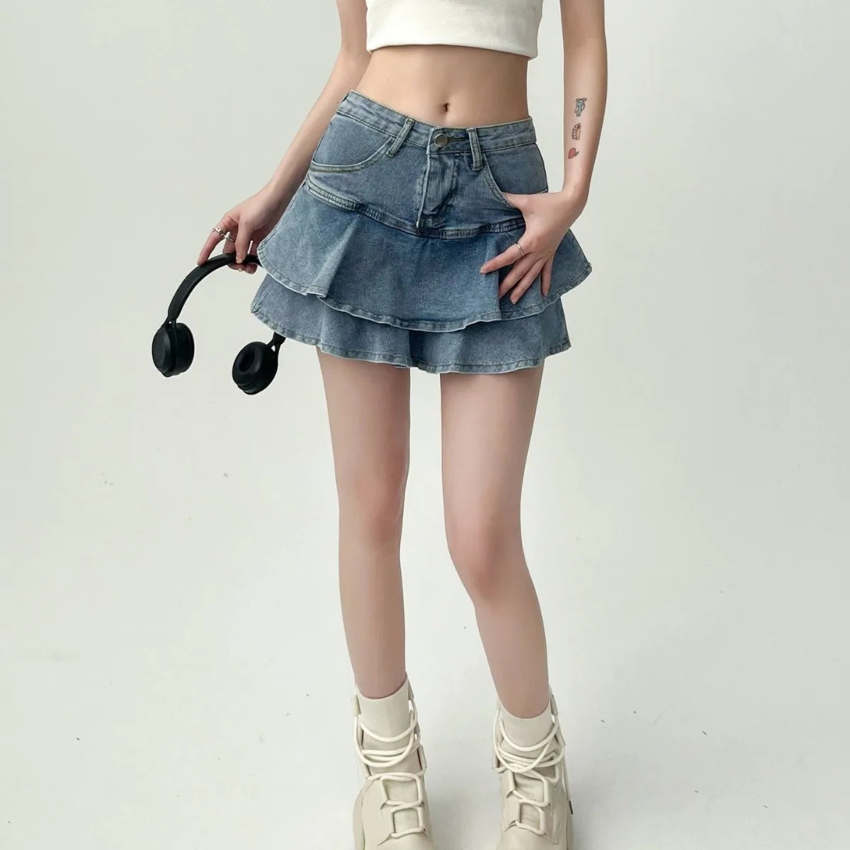 Summer Women High Waist Denim Cake Skirt A-Line Bodycon Mini Skort Casual E-Girl Street Skirt