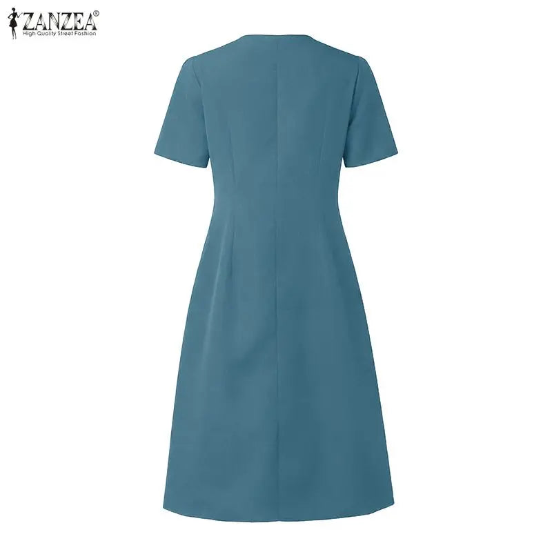 2026 ZANZEA Women Summer Sundress Patchwork Dress Elegant V Neck Short Sleeve Work Dresses Buttons Up Midi Robe Pleated Vestidos