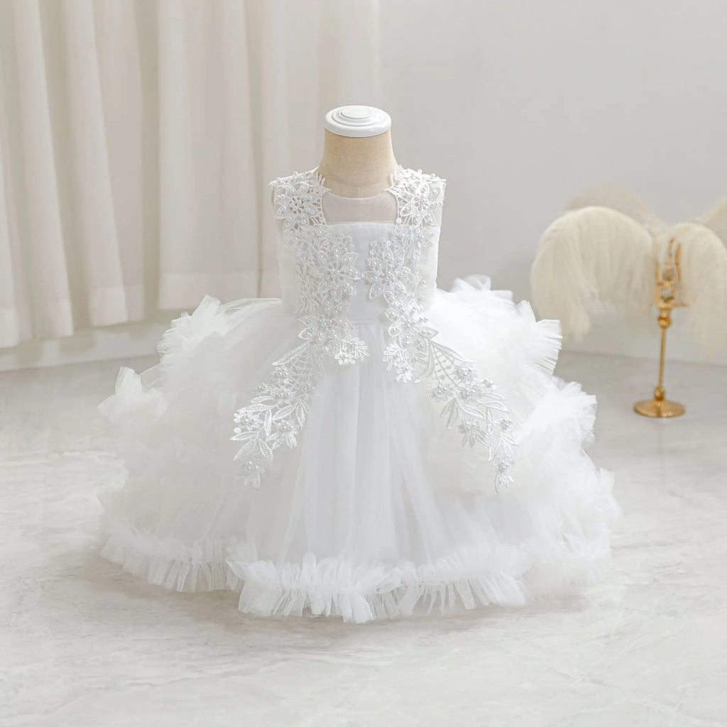 HETISO Girls Sleeveless Mesh Dress Elegant Beading Kids Birthday Party Ball Gown Children Wedding Clothes