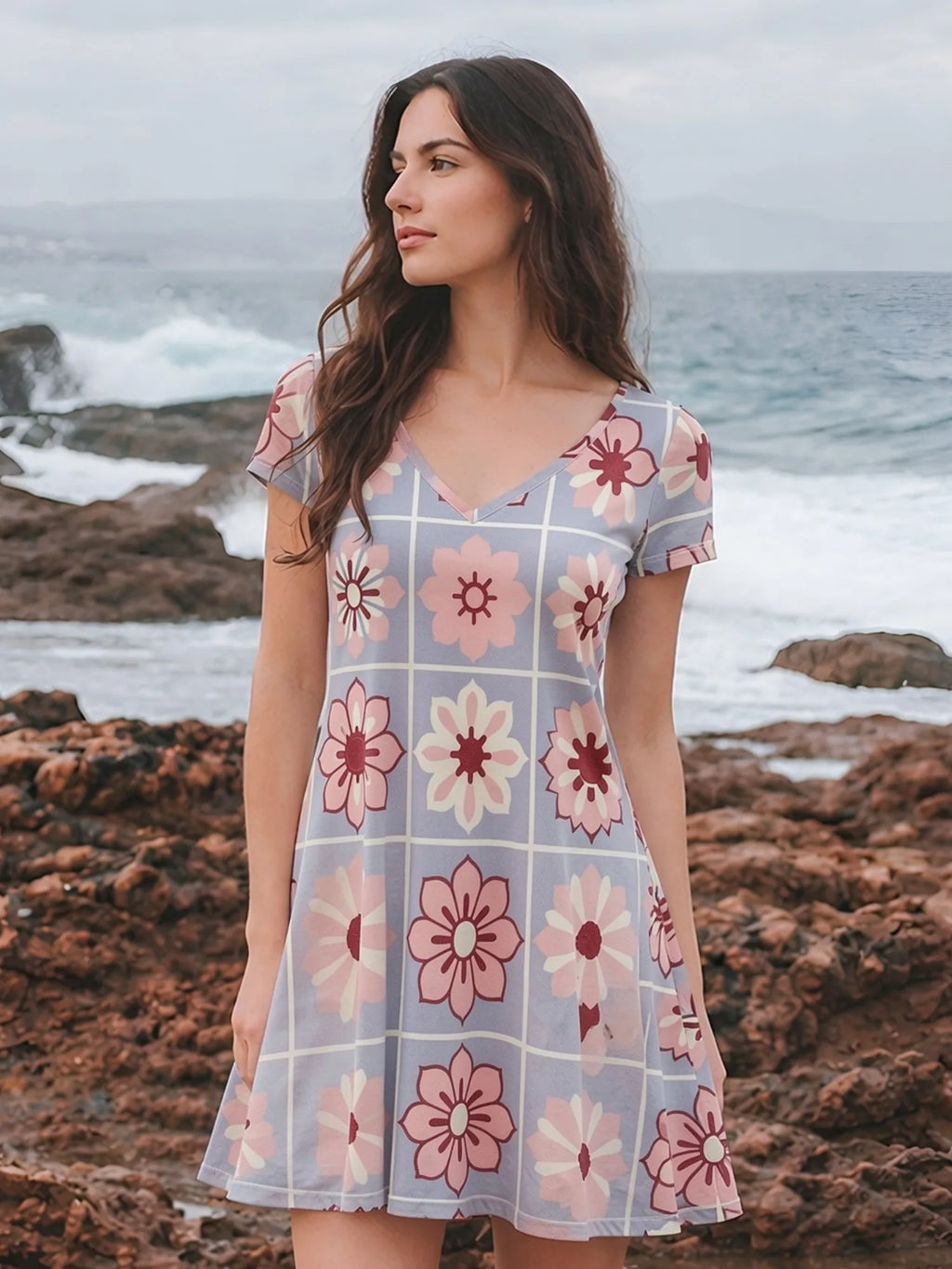 Womens V Neck Short Sleeve Floral Swing Mini Dress Casual Vacation Picnic Sundress Outfit Light Flowy Pretty Sweet Modern Resort