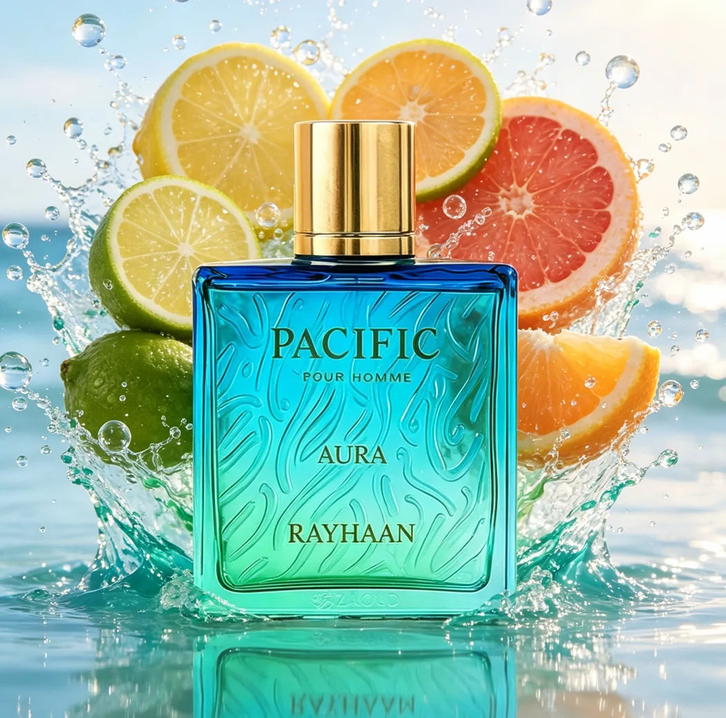 Rayhaan Pacific Aura For Him 100Ml Eau De Parfum, Fresh Aquatic Citrus Scent. Lemon And Grapefruit Spark Brightness. Light Transparent Ocean Aroma Fits Outdoor Sports And Vacation Trips, Keeping Fresh And Clean Longer.