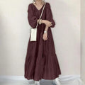 Summer Dress Women's Casual Long Sleeve V Neck Dresses Olive Green Loose Fit Maxi Dress Tiered Skirt A Line Flared Shirt Dress