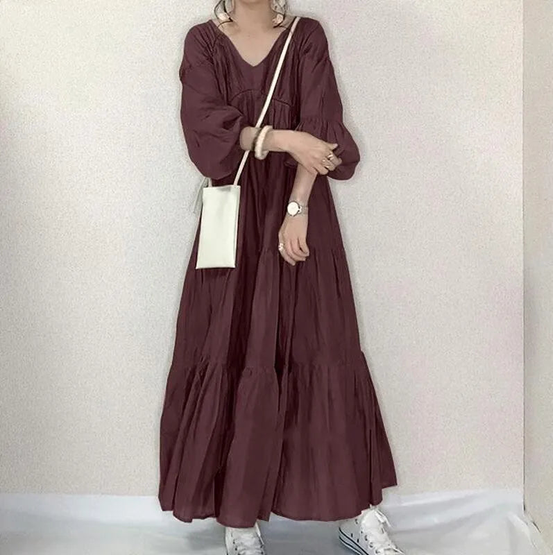 Summer Dress Women's Casual Long Sleeve V Neck Dresses Olive Green Loose Fit Maxi Dress Tiered Skirt A Line Flared Shirt Dress