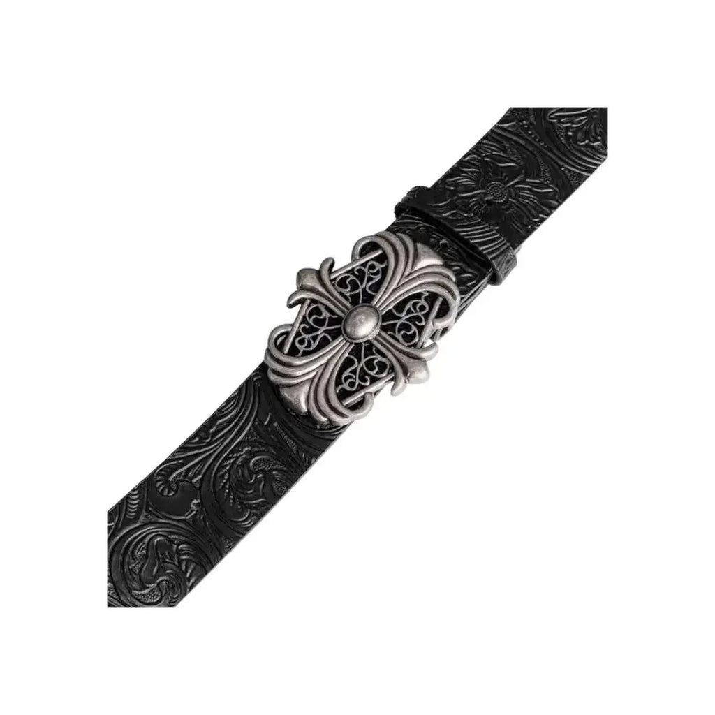 Hong Kong-style Denim Belt with Cross Carving & Rivets Niche Subculture Style Versatile Street Waistband for Casual Daily Outfit