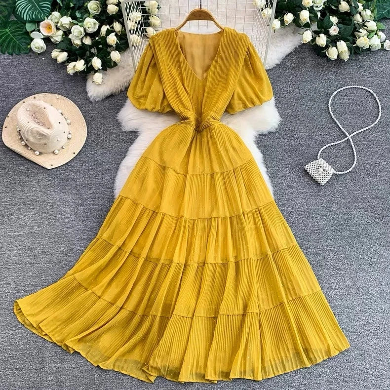 Summer Polka Dot Woman Elegant Dress Fashion V Neck Puff Sleeve Vestidos Korean A-Line Pleated Dresses 2026 Vestidos De Mujer