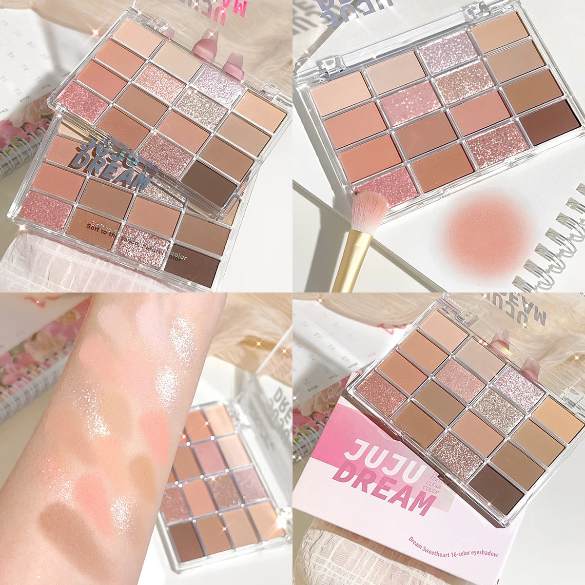 JUJU DREAM 16-Color Earth Tone Eyeshadow Matte & Shimmer Palette, Lying Silkworm Brightener for Soft Daily Makeup
