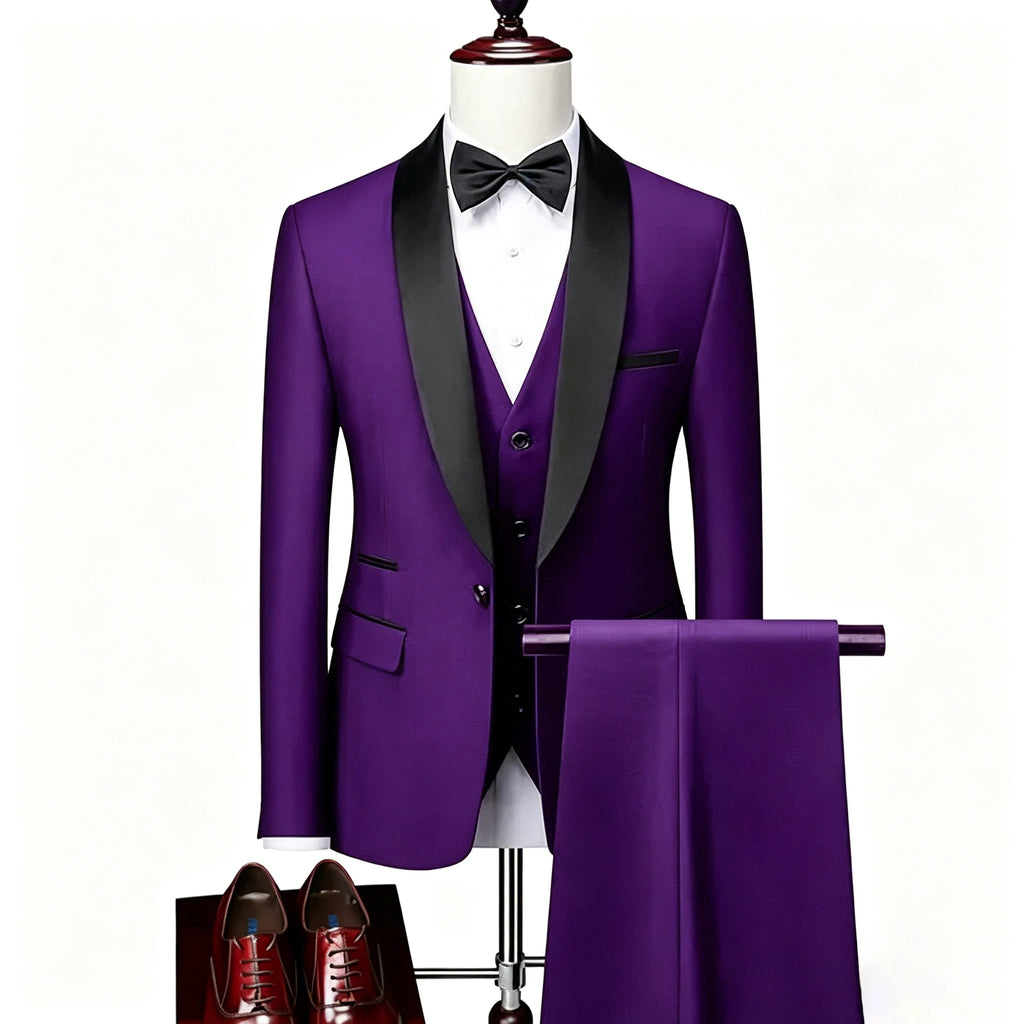 US Size XXS-3XL Men's 3 Piece Tuxedo Suit Set, Black Satin Shawl Lapel Slim Fit Blazer Vest Pants for Wedding Groom Party Prom