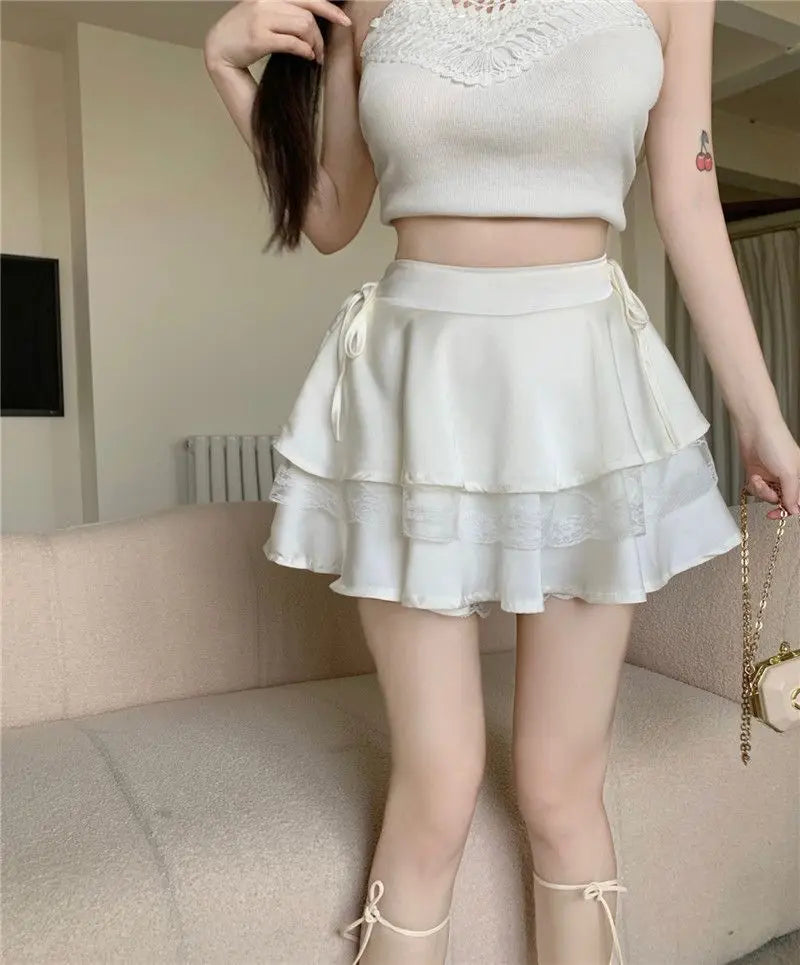 White Mini Skirts Women Lace Patchwork Sweet Ball Gown Sexy French Style Ruched Ruffled High Waist Summer Layered Romantic Gril