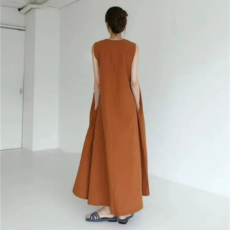 Korean Fashion Women Dress Casual Round Neck Loose Solid Color Casual Big Swing Sleeveless Long Linen Lazy Style Vestidos