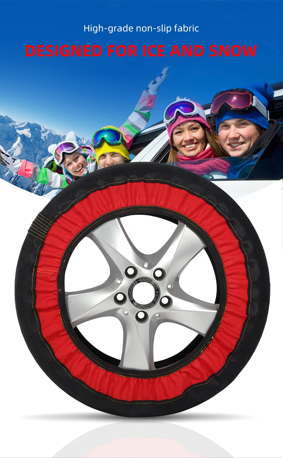 Car Red Black Anti Skiing Sock With High Resistance Fiber Anti Slip Silent Don't Damage Tire With Storage Bag & Gloves & Sleeves